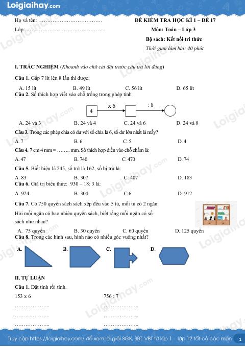 Đề kiểm tra học kì 1 Toán 3 Kết nối tri thức - Đề số 17